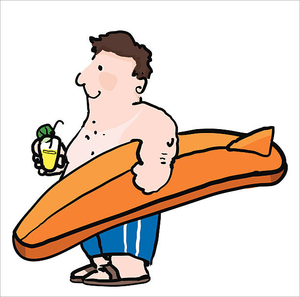 illustrazioni stock, clip art, cartoni animati e icone di tendenza di uomo in piedi e tenendo tavola da surf e cocktail - one person white background swimwear surfboard