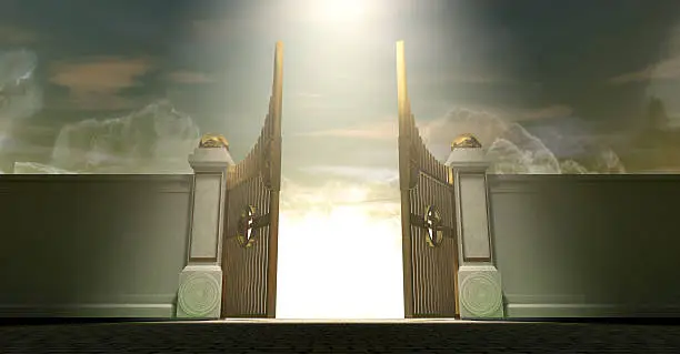 The gates to heaven opening under an ethereal light