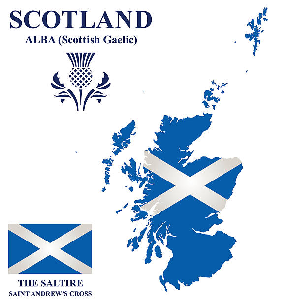 Scotland Flag Flag and national emblem of Scotland overlaid on detailed outline map isolated on white background plateau drawing stock illustrations