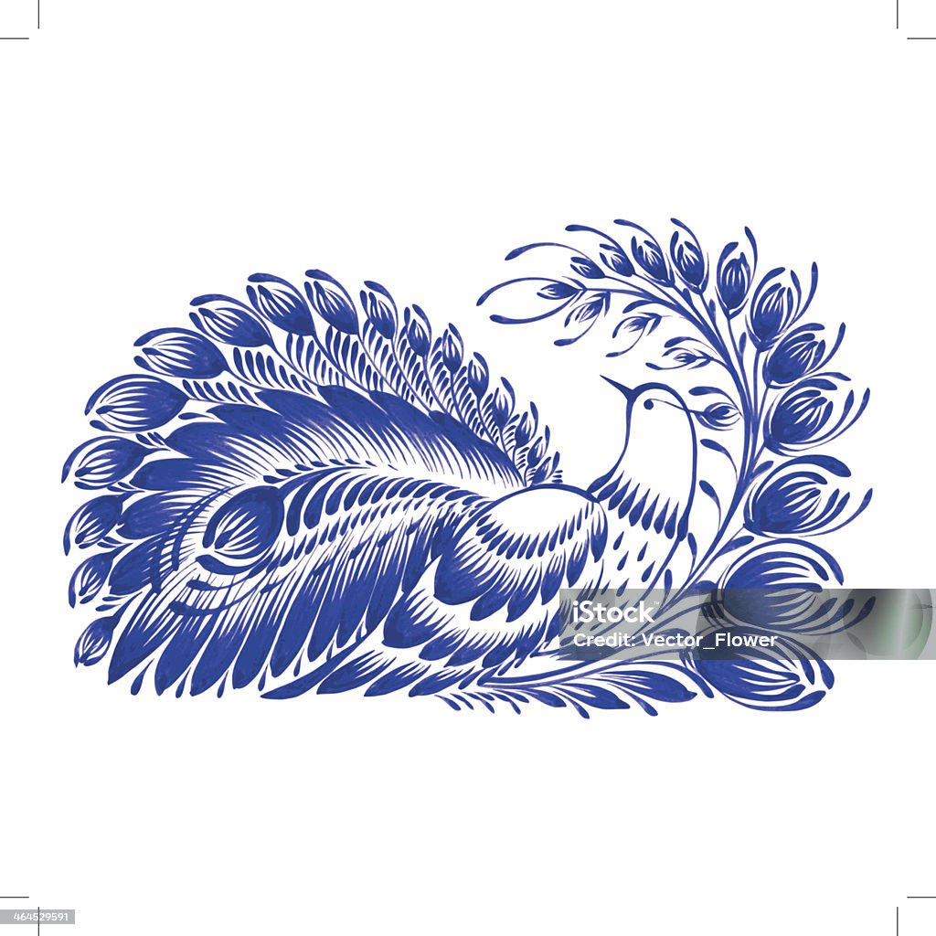 floral decorative ornament peacock hand drawn illustration in Ukrainian folk style Peacock stock vector