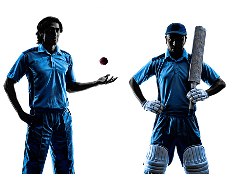 two Cricket players in silhouette shadow on white background