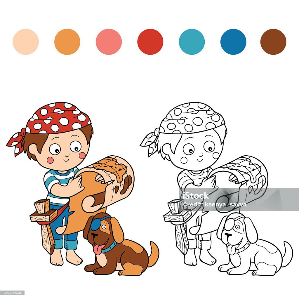 Coloring book (boy and dog playing pirates) Black Color stock vector