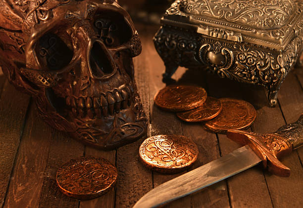 Lot of golden pirates coins, top view. Golden coins with skull symbol. Treasure hunting, gaming concept. 3D illustration