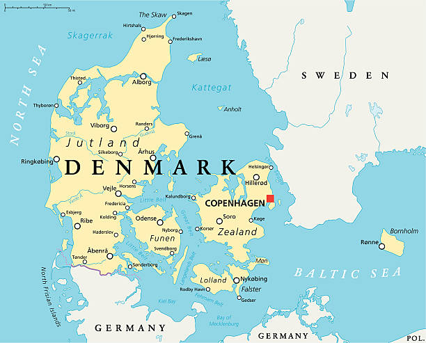 ilustraciones, imágenes clip art, dibujos animados e iconos de stock de dinamarca mapa político - denmark map copenhagen cartography