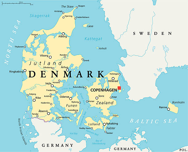 illustrazioni stock, clip art, cartoni animati e icone di tendenza di danimarca mappa politica - denmark