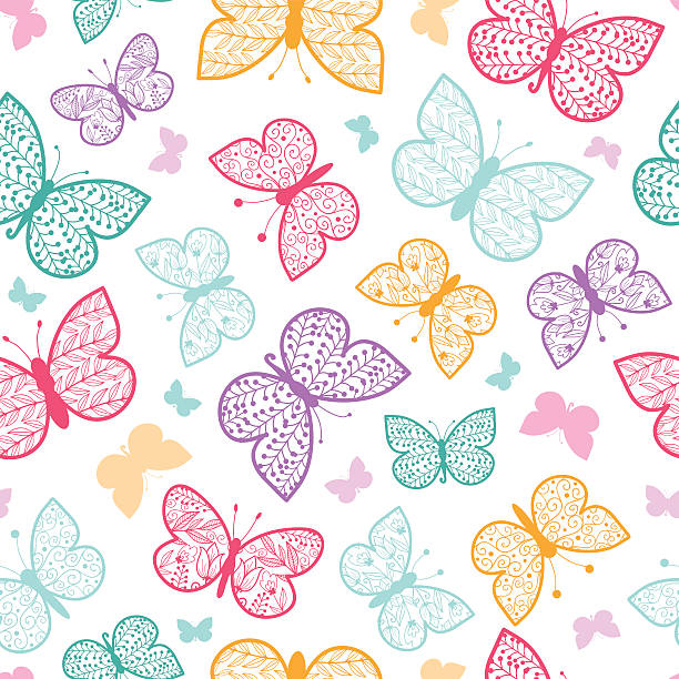 ilustrações de stock, clip art, desenhos animados e ícones de insectos floral vetor sem costura padrão de fundo - summer backgrounds line art butterfly