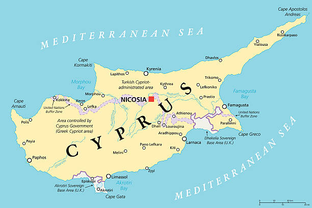 Cyprus Political Map Cyprus Political Map with capital Nicosia, national borders, important cities and rivers. English labeling and scaling. Illustration. cyprus island stock illustrations