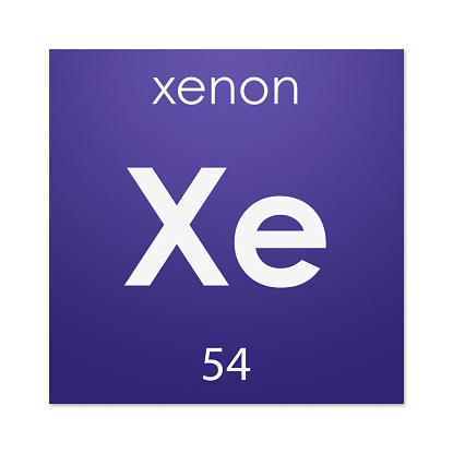 Gloss coloured tile with name, symbol and atomic number - or number of protons - of the chemical element Xenon.