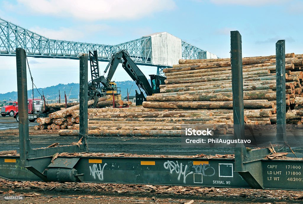 Crane transferring logs from truck to train in Oregon 2015 Stock Photo