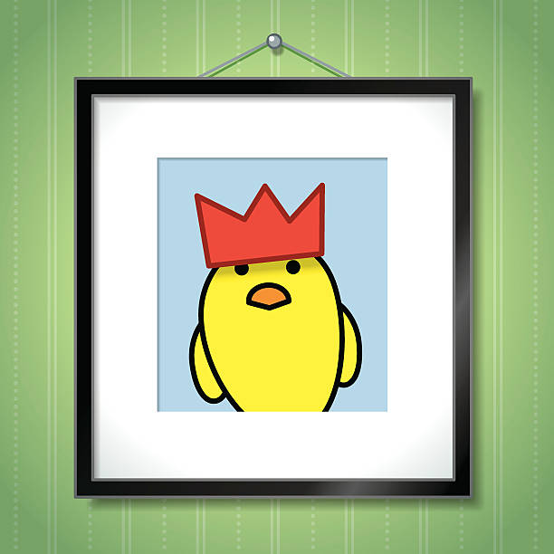 Single Yellow Chick Wearing Red Party Hat in Picture Frame Cute Portrait of Single Yellow Chick Wearing Red Party Hat in Picture Frame Hanging on Green Wallpaper Background family photo on wall stock illustrations