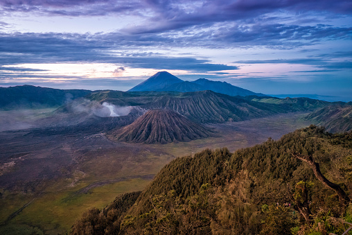 Wideangle view of mount bromo crater around sunrise
