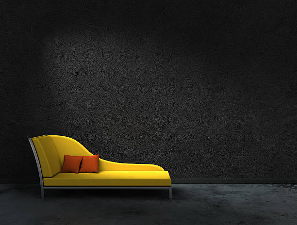 yellow recamier and black wall 3D rendering of a yellow recamier with black wall to present your images. The recamier is my own design and doesn't copy any real existing product. chaise longue stock pictures, royalty-free photos & images