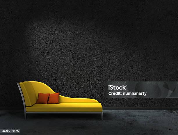 Yellow Recamier And Black Wall Stock Photo - Download Image Now - Chaise Longue, Domestic Room, Anthracite Coal