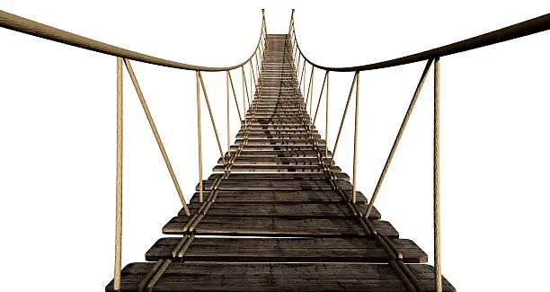A rope bridge made of wooden planks held together by rope and secured by wooden pegs on an isolated background