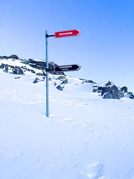 Signpost giving directions to different ski slopes at alpine skiing areas in French Alps, Chamonix, Les Grands Montets