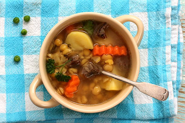 istock Yellow pea soup, stew meat and potato 464556960