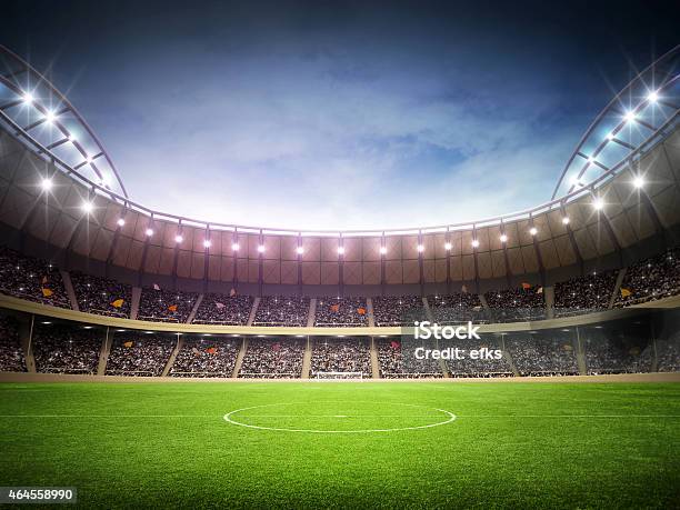 Stadium Night In A Soccer Stadium Stock Photo - Download Image Now - Soccer, Stadium, Soccer Ball