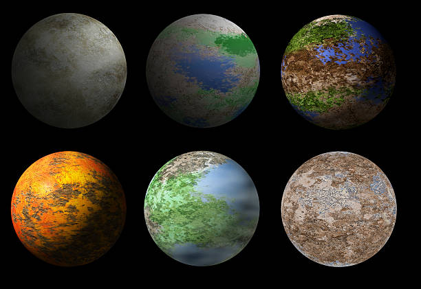 Collection of six fantasy alien planets Collection of six fantasy alien planets. Sci-fi deep space planet ready for universe illustration. Original artwork by Martin Capek extrasolar planet stock illustrations