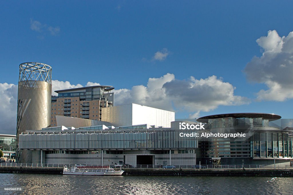 Salford Quays Fluffy white clouds over Salford Quays, Manchester, England. Manchester - England Stock Photo