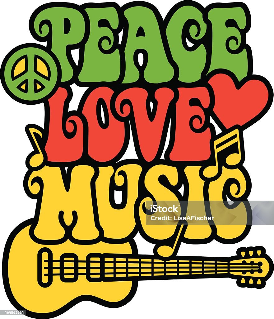 Peace, love and music written in 60's style font with guitar Retro-styled text design of the words, Peace  Love Music, with a peace symbol, guitar, heart and musical notes in green, red and yellow. Type style is my own design. Symbols Of Peace stock vector