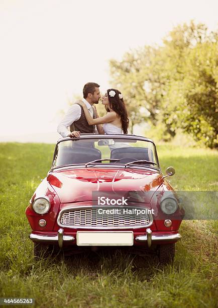 Wedding Car With Bride And Groom Stock Photo - Download Image Now - Groom - Human Role, Bride, Car