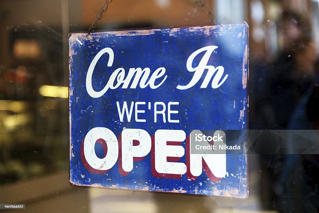 Come In We're Open business sign Entering Stock Photo