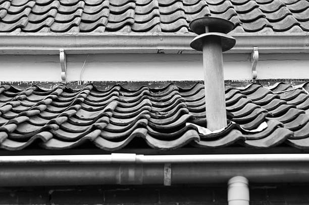 Roofs, tiles, gutters and zinc chimney stock photo