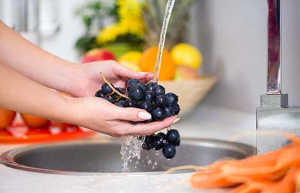 woman's hands washing a fresh grapes stock photo