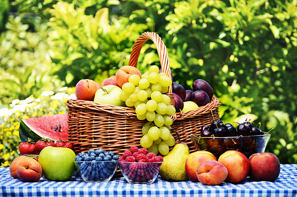 新鮮なオーガニックフルーツのバスケットの庭 - plum fruit basket wicker ストックフォトと画像