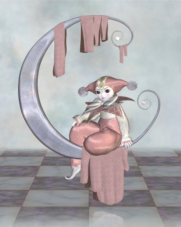 Cute Pierrot style clown doll from traditional French pantomime in pink harlequin suit sitting on a silver moon, 3d digitally rendered illustration