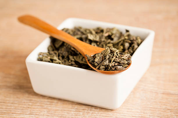 istock green tea and spoonful of green tea on the table 464574280