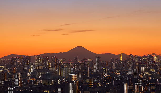 istock Mountain Fuji with Tokyo Tower at sunset 464576124