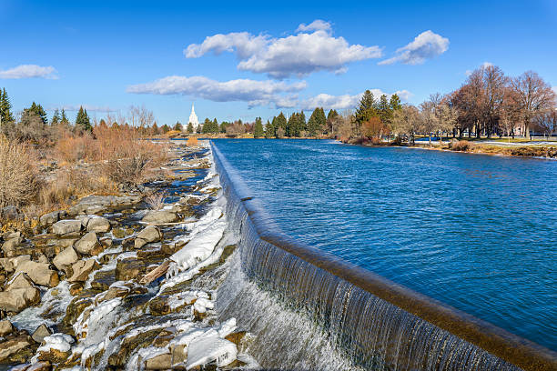 istock Idaho Falls waterfall,  landmark , Snake River, ID, winter 464578170