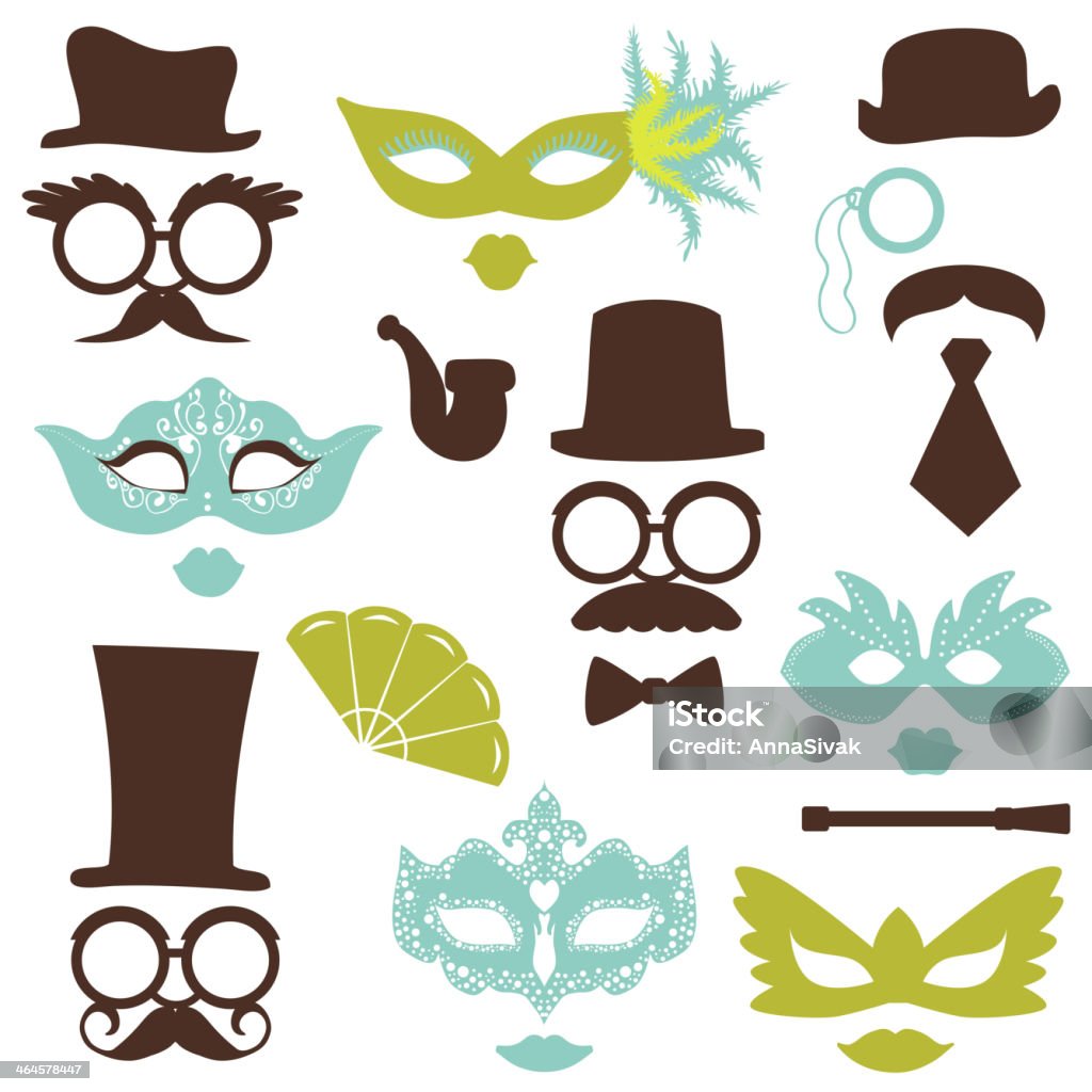 Retro Party set - Glasses, hats, lips, mustaches, masks Retro Party set - Glasses, hats, lips, mustaches, masks - for design, photo booth, scrapbook in vector Artificial stock vector