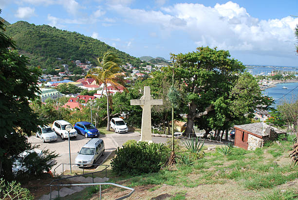 Panoramic view of Marigot Town, St Martin. Climbing up to Fort Saint-Louis. Christian Cross is at the foot of the hill. 