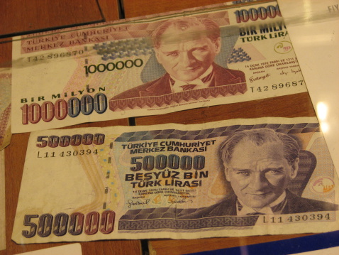 Closeup of a 1,000,000 and 5000,000 Turkish lira paper bill. 