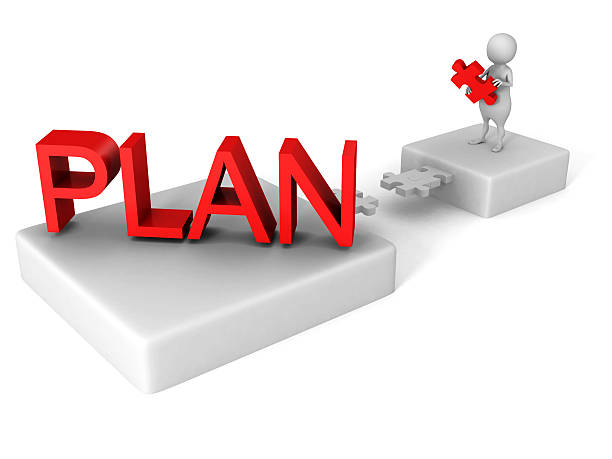 istock white 3d man jigsaw puzzle bridge to red PLAN word 464581416