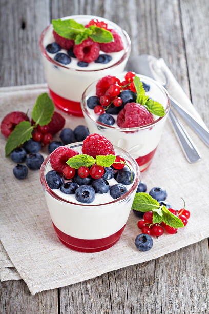 istock Jogurt and jelly dessert with berries 464582560