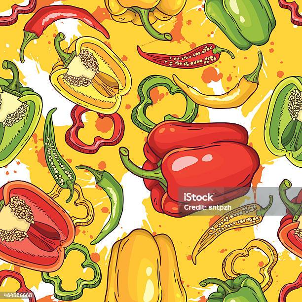 Vector Seamless Pattern With Green Yellow And Red Peppers Stock Illustration - Download Image Now