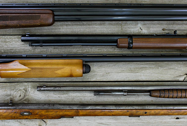 Collection of guns hanging on wall Collection of rifles and shotguns hanging on rustic wooden background trap shooting stock pictures, royalty-free photos & images