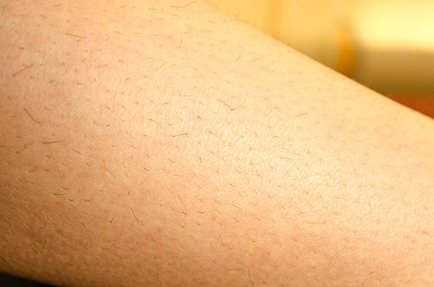 One woman hairy leg closeup view