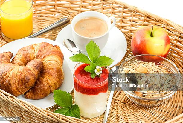 Breakfast With Coffee Croissants And Orange Juice Stock Photo - Download Image Now - Basket, Breakfast, Apple - Fruit