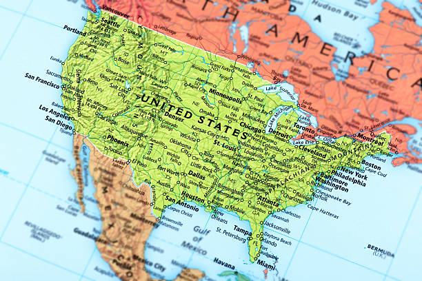 Aerial view of the United States map Map of United States. A detail from the World Atlas. relief map photos stock pictures, royalty-free photos & images