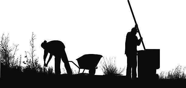 YardClearing An elderly couple pull weeds and tend to the yard. gardening silhouettes stock illustrations