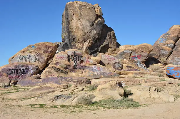 Photo of Graffiti Covered Boulders in California Desert