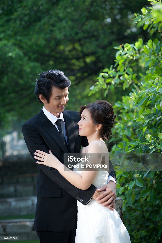 Bride and groom Embrace each other in the garden 2015 Stock Photo