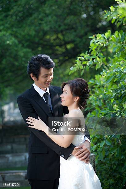 Bride And Groom Embrace Each Other In The Garden Stock Photo - Download Image Now - 2015, Adult, Adults Only