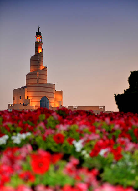 Islamic Culture Center at night, Spiral minaret from the Kassem Darwish Fakhroo Islamic Centre (KDF)in Doha, Qatar.