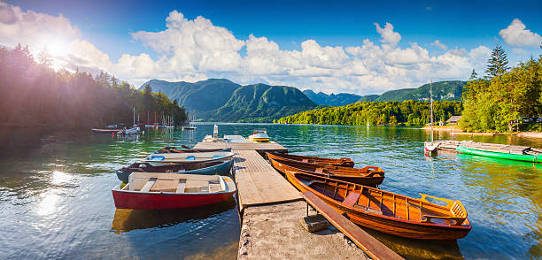 panorama del sole estivo di mattina sul lago di bohinj - lake bohinj foto e immagini stock