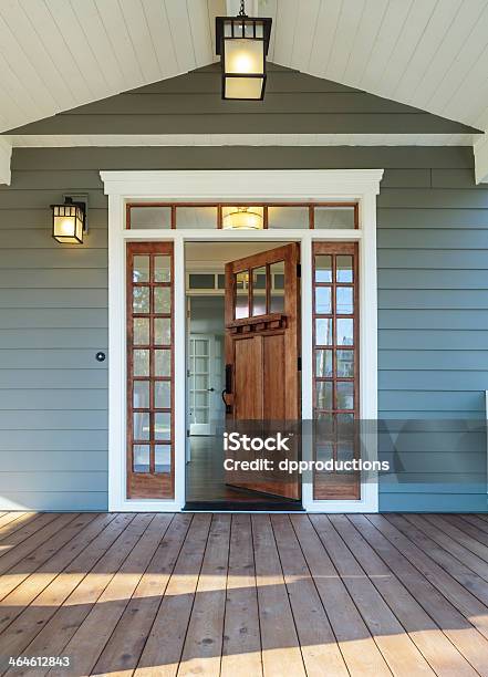 Front Porch Of Bluegray House With Open Front Door Stock Photo - Download Image Now